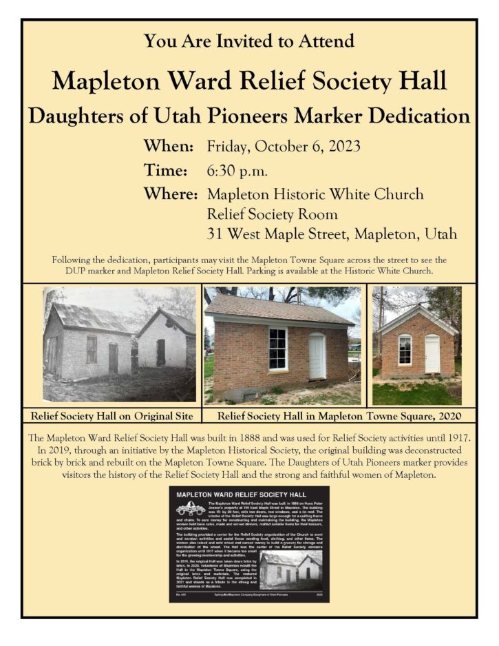 Group to dedicate historical marker for Relief Society Hall in Mapleton